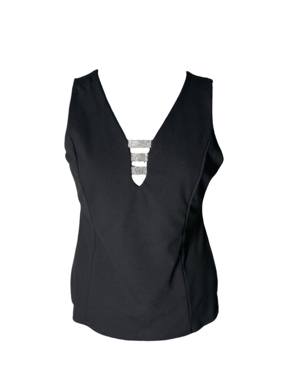 Fashion Magazine Black V-Neck Sleeveless Top with Rhinestone Straps